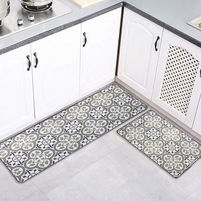 Set of 2 Blue and Gray Tile Design Kitchen Floor Mats