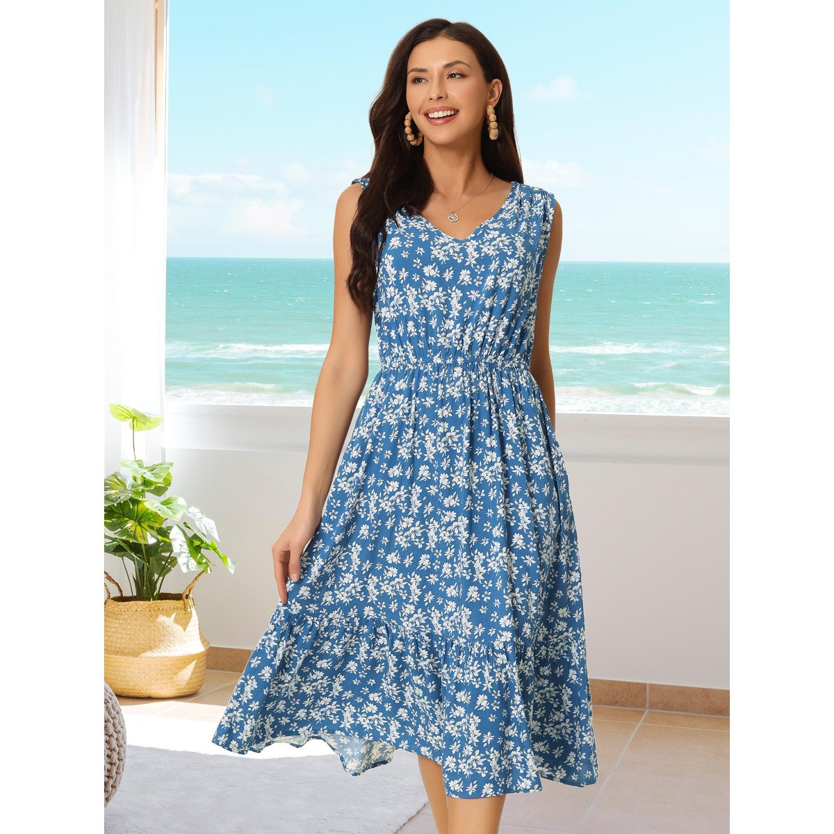 Женские платья INSPIRE CHIC Women's Summer Boho Beach V Neck Sleeveless Floral Flowy Tiered Midi Dress with Pockets 2 Packs Medium Blue/Pink — фото 4