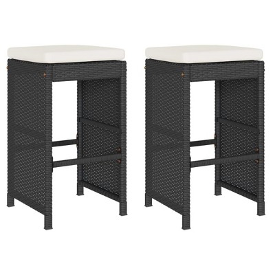 vidaXL High Garden Bar Stools Cushions 2 Pcs PE Rattan Black Stool, Outdoor Bar Stool, Bar Chair, Garden Stool