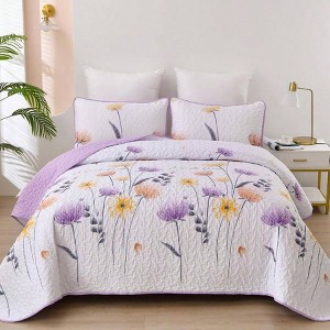 King Size Floral Quilt Set, 3 Pieces Purple Yellow Botanical Bedding for All Seasons - 1 of 4