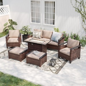 Sonkuki 6 Pieces Patio Sofa with Rectangle Fire Pit Table and Ottomans, Patio Conversation Couch with Cushion - 1 of 4