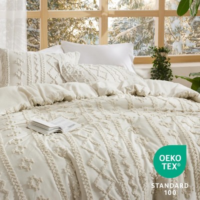 Beige Queen Size Tufted Boho Comforter Set with Embroidery