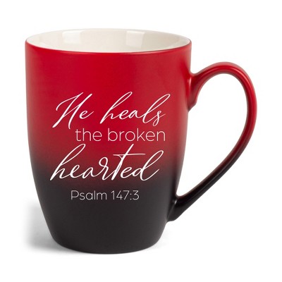 Elanze Designs He Heals The Broken Hearted Two Toned Ombre Matte Red and Black 12 ounce Ceramic Stoneware Coffee Cup Mug