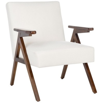 White Linen and Walnut Wood Arm Accent Chair