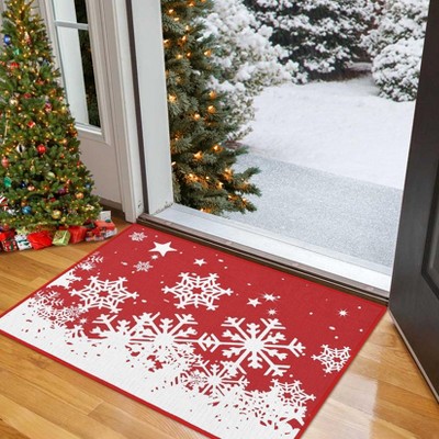 Orieon Christmas Welcome Mat 20x32 Inch, Red Snow Themed Doormat Non-Slip Indoor Outdoor, Holiday Front Porch Decor for Home Entrance