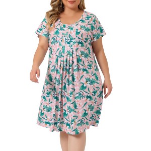 Agnes Orinda Women's Plus Size Floral Inverted Box Pleat Boho T-Shirt Dresses - 1 of 4
