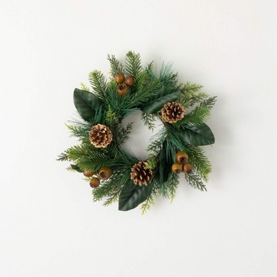 13.5"H Sullivans Artificial Mixed Pine Magnolia Christmas Accent Ring, Green-Brown, Indoor Christmas Decor