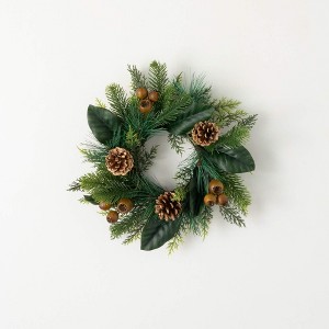 13.5"H Sullivans Artificial Mixed Pine Magnolia Christmas Accent Ring, Green-Brown, Indoor Christmas Decor - 1 of 3