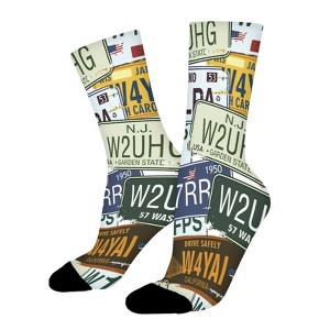 Retro American Auto License Plates Women Printed Crew Socks Funny Funky Socks Soft Polyester Novelty Gifts for Artists Men - 1 of 1