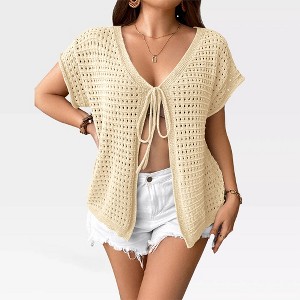 Cover Ups for Women - Tie Front V Neck Summer Crochet Cardigan, Oversized Cover Ups for Bikini Beach Outfits and Bathing Suits - 1 of 4
