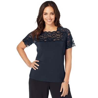 Jessica London Women's Plus Size Stretch Lace Neckline Top