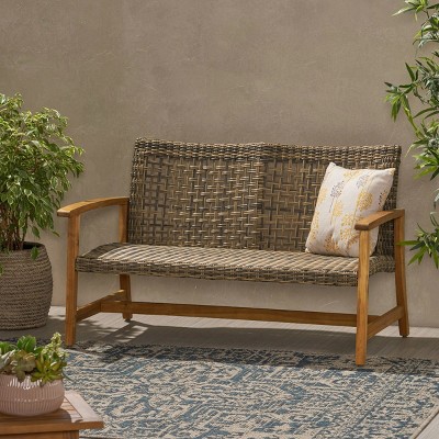 Outdoor Patio Loveseat Sofa Set, Wicker Loveseat Sofa for 2 People, Loveseat Sofa with Acacia Wood Frame and Woven Seating-Coolbibila