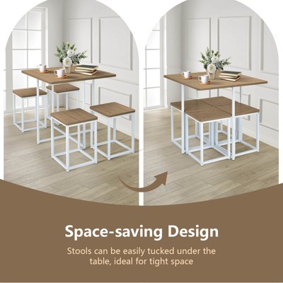 Natural Wood and White Compact Dining Table Set with 4 Stools