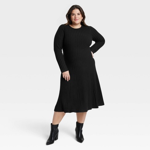 Women's Long Sleeve Midi Ribbed Sweater Dress - A New Day™ Black