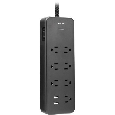 Philips 7-Outlet Surge 4&#39; Braided Cord 1500J 2 USBA Adaptor Spaced - Black