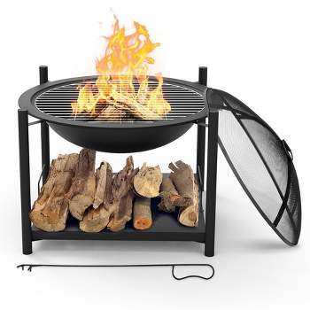 SereneLife Portable Outdoor Wood Fire Pit - 2-in-1 Steel BBQ Grill 26" Wood Burning Fire Pit Bowl w/ Mesh Spark Screen, Cover Log Grate SLCARFP54