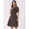 INSPIRE CHIC Women's Peter Pan Collar Tie Neck Short Sleeve A-Line Elegant Belted Floral Dress - 2 of 4