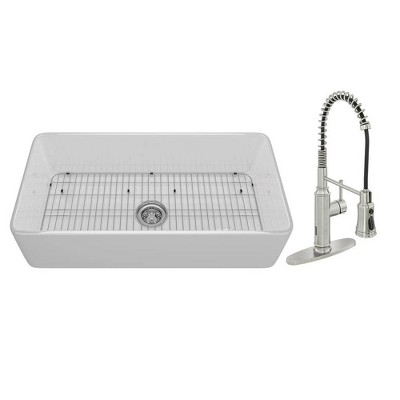 CASAINC 36'' Rectangular Single Bowl Fireclay Farmhouse Apron Kitchen Sink with Pulldown Faucet, White