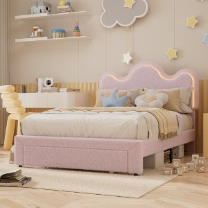 Bed Frame with Adjustable Upholstered Headboard Girls Boucle Platform Bed Frame with Storage Drawers Princess Bed Frame for Kids - 1 of 4