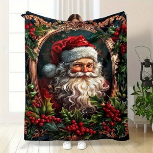 Lomsoe Santa Claus with Holly Print Flannel Blanket - All Seasons Soft Cozy Warm Throw Blanket for Bed, Napping, Camping, Travel, Office - 1 of 4