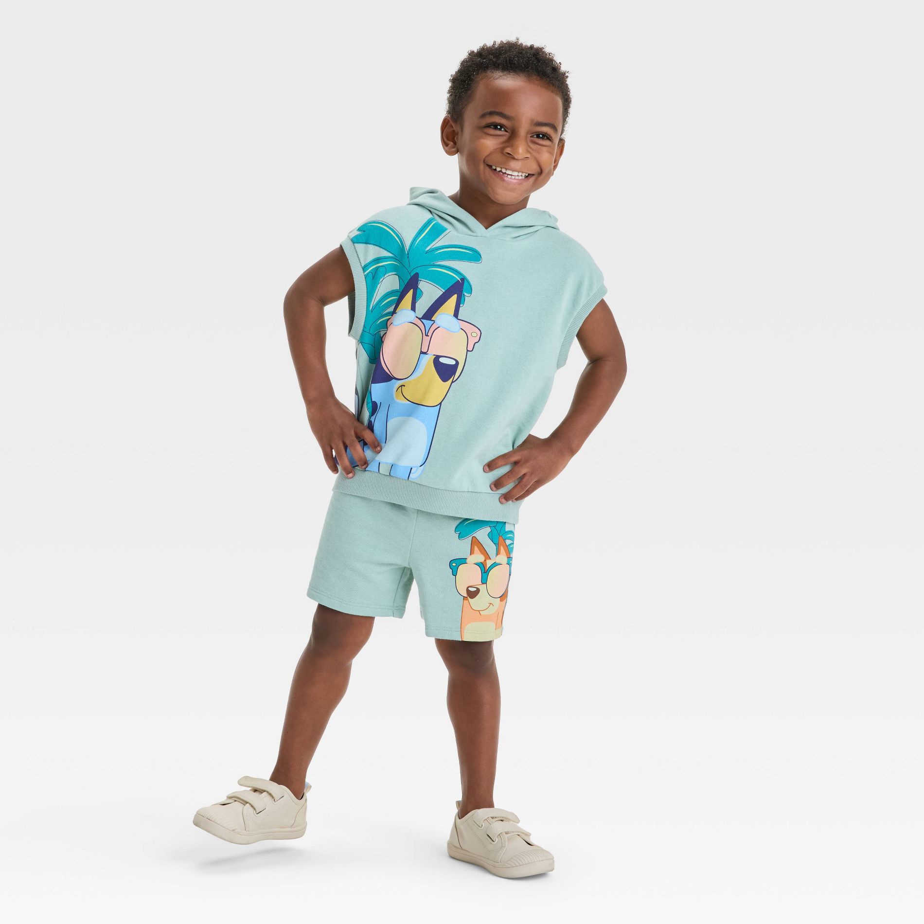 Toddler Boys' 2pc Bluey Sleeveless Hoodie Top & Shorts Set - Teal