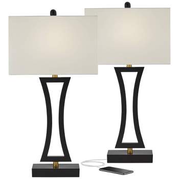 360 Lighting Roxie Modern Table Lamps 31" Tall Set of 2 Black Metal with USB Charging Port White Rectangular Shade for Bedroom Living Room Bedside
