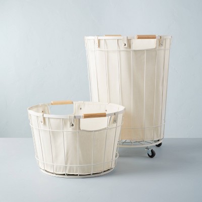 Cream Wire and Fabric Laundry Hamper with Wheels
