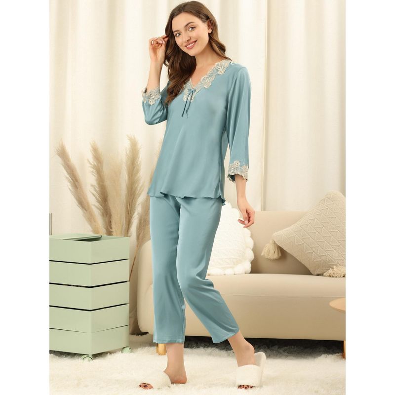 Allegra K Women’s Soft long sleeve Lace Night Suit Pajama Sets, 2 of 7