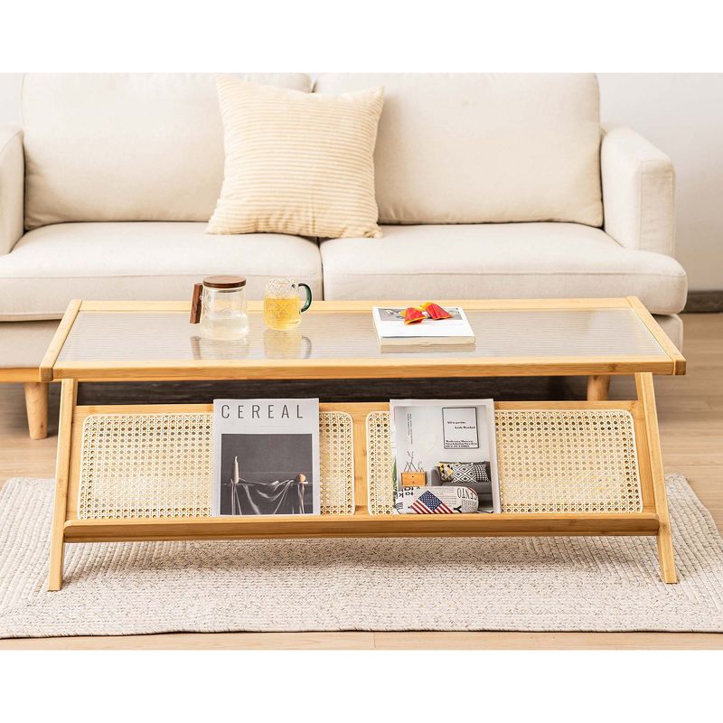 Costway Bamboo Coffee Table 48'' 2-Tier Glass Tabletop Handwoven Rattan Storage Shelf, 4 of 11
