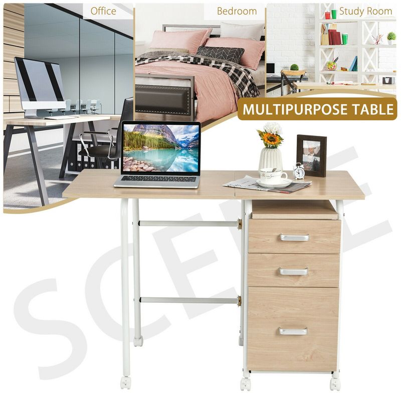 Costway Folding Computer Laptop Desk Wheeled Home Office Furniture w/3 Drawers Brown/Natural, 5 of 11