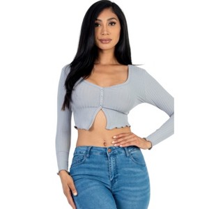 Slickblue Women's Ribbed Long Sleeve Button-Front Top, Cropped Fit, Casual Stretch Style, 10 Color Options, Size S-L - 1 of 4