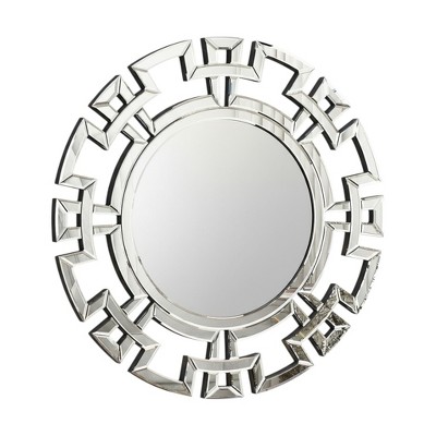 HomeRoots 32" Silver Glass Round Art Deco Geo Framed Accent Mirror
