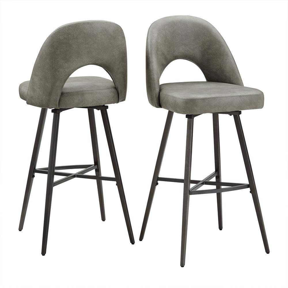 Inspire Q 29" Set of 2 Ragan Metal Swivel Barstools Light Gray PU Leather: Upholstered, Iron Frame, Fixed Height