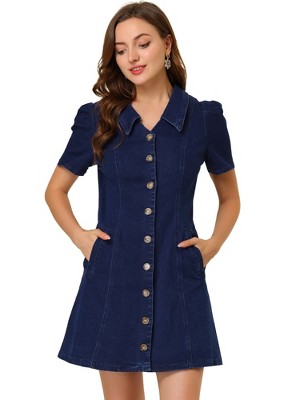Allegra K Women's Button Up Collared Short Sleeve Washed Jean Demin Dress
