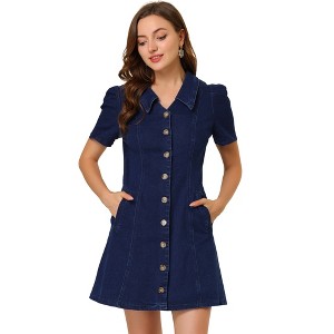 Allegra K Women's Button Up Collared Short Sleeve Washed Jean Demin Dress - 1 of 4