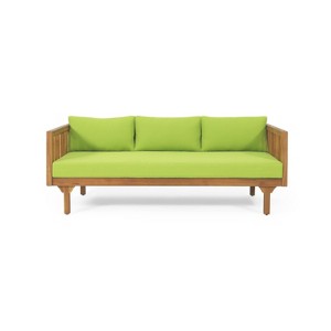 Claremont Outdoor 3 Seater Acacia Wood Daybed with Cushions Teak/Green - Christopher Knight Home: UV-Resistant, Water-Repellent Patio Sofa - 1 of 4