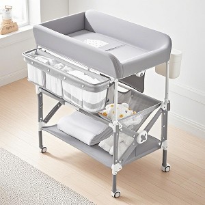 Baby Changing Table Dresser ¨C Grey, with Drawers, Power Outlet & LED Light, Nursery Organizer for Newborns - 1 of 4