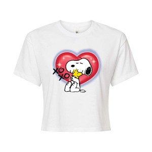 Women's - Peanuts - Snoopy Woodstock Airbrush Heart Cropped Graphic T-Shirt - 1 of 4