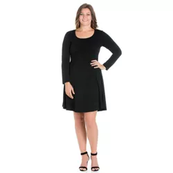 Long Sleeve Knee Length Plus Size Skater Dress-Black-1X