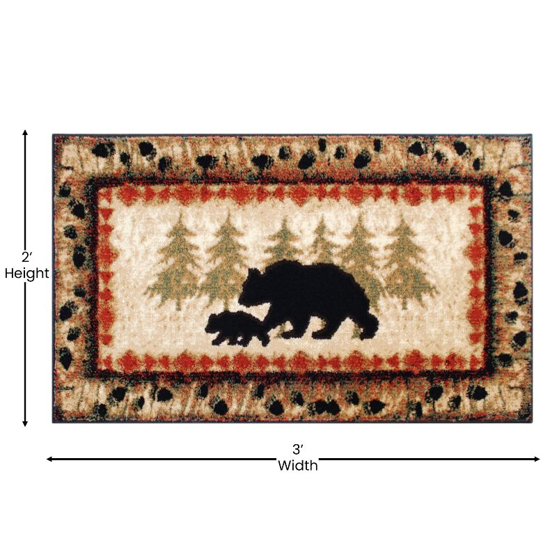 Emma and Oliver Cabin Theme Accent Rug with Bear and Cub Design with Trees in Background and Bear Track Patterned Edges, 4 of 7