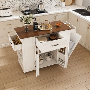 Kumasinova 46" Kitchen Island Cart with Power Outlet,Rolling Cart with Adjustable Shelves,Farmhouse Kitchen Cart with Wood Top,White - 1 of 4