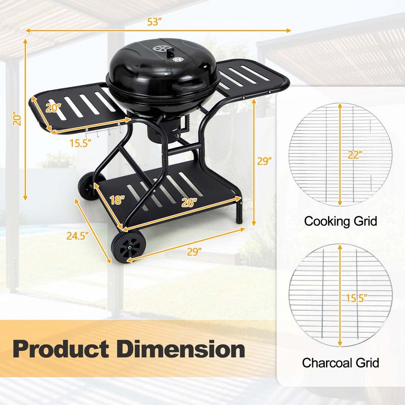 Costway 22 inch Charcoal BBQ Grill with Built-In Thermometer Wheels Side & Bottom Shelves, 4 of 10