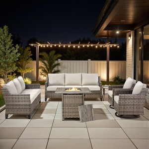 Buenhomino 6 Pieces Wicker Outdoor Patio Furniture Set Conversation Sofa Couch with a Fire Pit Table, Swivel Chairs and Cushions - 1 of 4