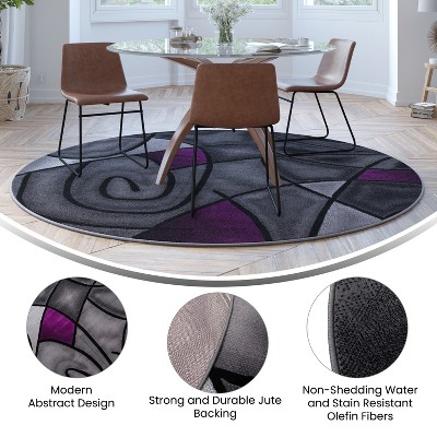 Round 7' Purple and Gray Abstract Synthetic Area Rug