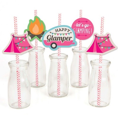 Big Dot of Happiness Let's Go Glamping - Paper Straw Decor - Camp Glamp Party or Birthday Party Striped Decorative Straws - Set of 24