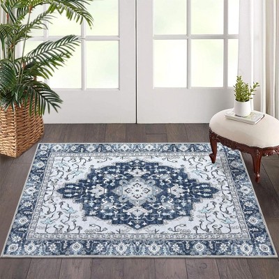 Whizmax Vintage Floral Area Rug-Soft Foldable Carpets for Dining Room, Bedroom, Living Room, Kitchen Entryway (Blue)