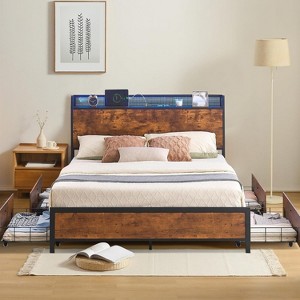 DobleePy Queen Brown Storage Bed Frame with Headboard, 4 Drawers, LED Strip & Charging Ports, Metal Platform, No Box Spring Needed - 1 of 4
