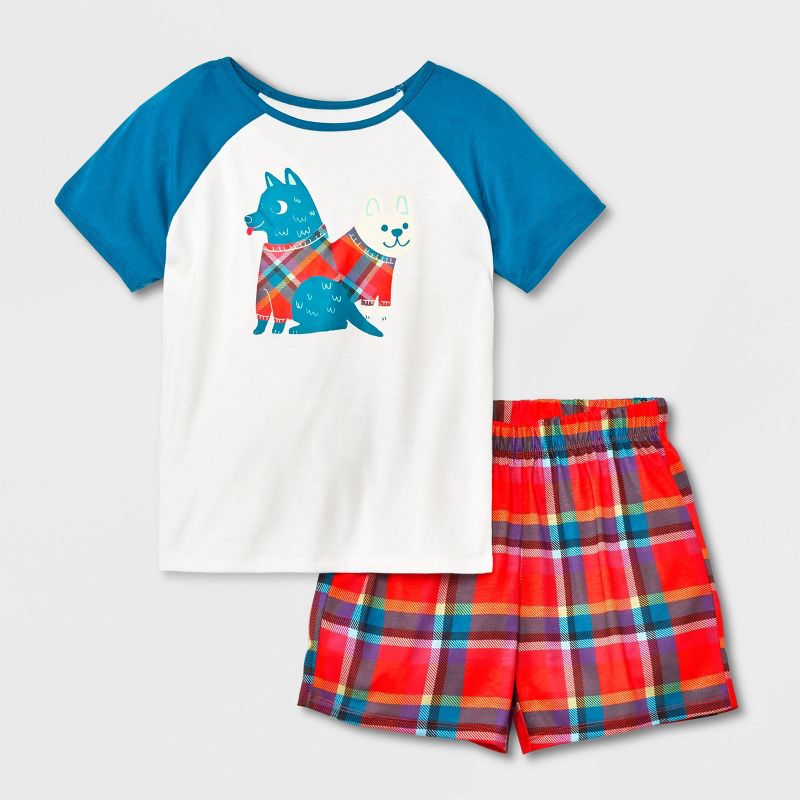 Girls' 2pc Plaid Dogs 2pc Short Sleeve Top and Shorts Pajama Set - Cat & Jack™ Cream, 1 of 6