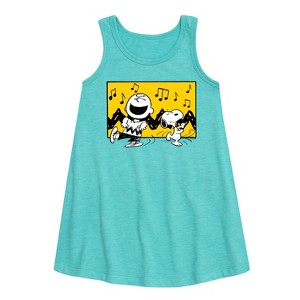 Girls' - Peanuts - Charlie And Snoopy Dance Time Graphic Sleeveless Aline Dress - 1 of 4
