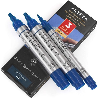 Arteza Acrylic Markers (A504 Peacock Blue), 2 Big Barrel (chisel+bullet nib) + 1 Small Barrel, Single Color - 3 Pack (AR